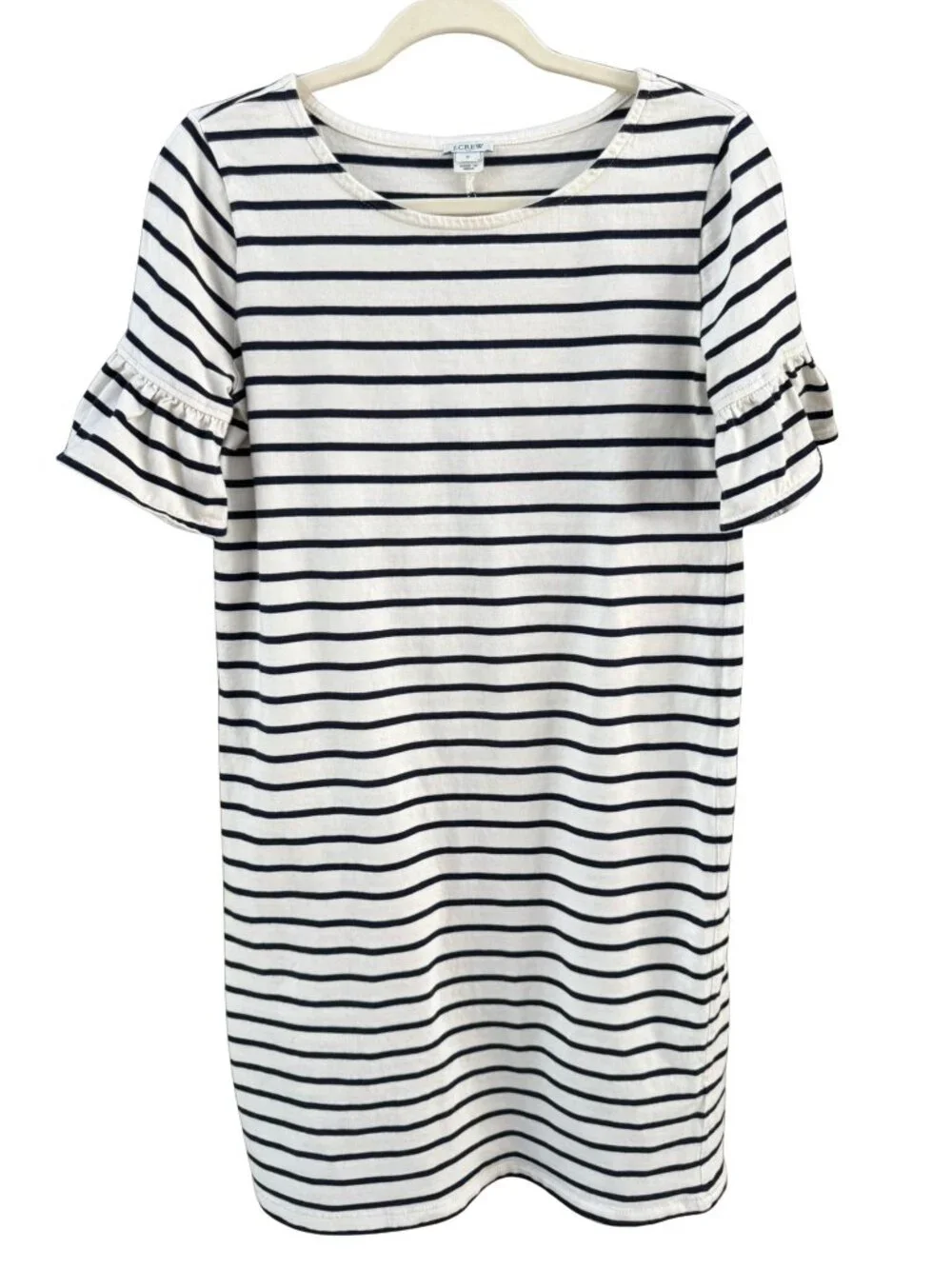 J.Crew Navy White Striped Ruffle Sleeve T-Shirt Dress Small 100% Cotton Nautical